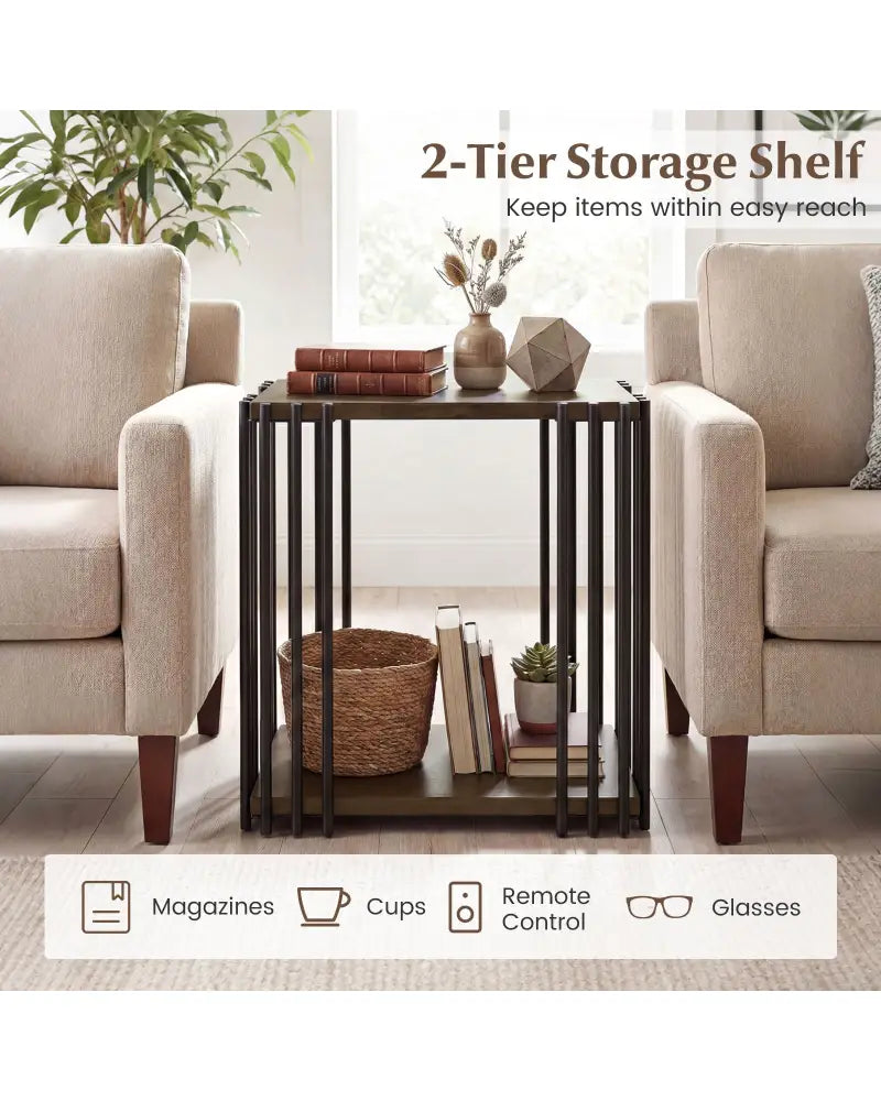 Rubber Wood Side Table with 2-Layer Storage Shelves and Metal Frame-Walnut - Walnut - End & Side Tables