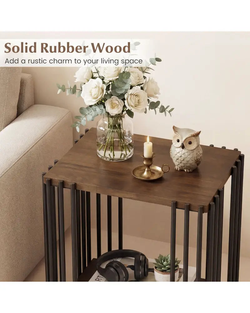 Rubber Wood Side Table with 2-Layer Storage Shelves and Metal Frame-Walnut - Walnut - End & Side Tables