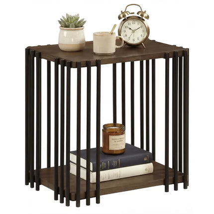 Rubber Wood Side Table with 2-Layer Storage Shelves and Metal Frame-Walnut - Walnut - End & Side Tables