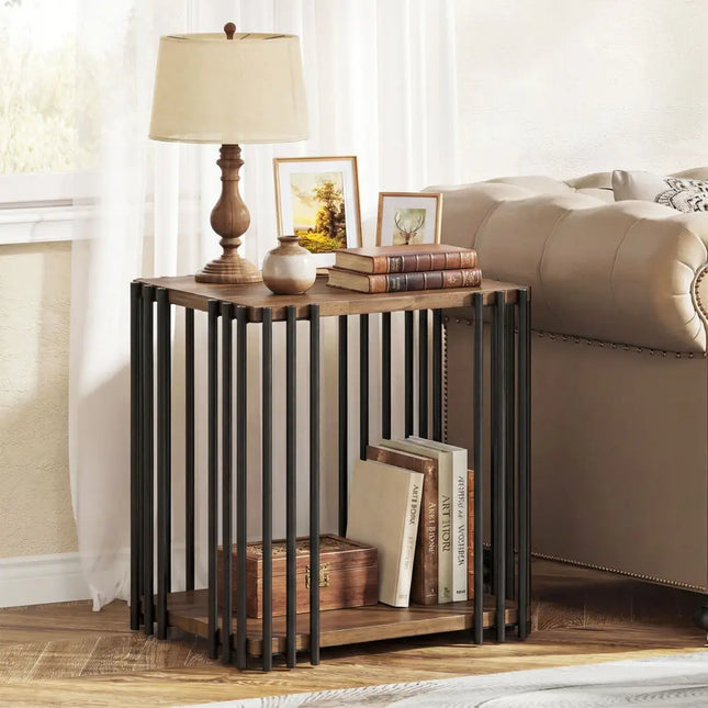 Rubber Wood Side Table with 2-Layer Storage Shelves and Metal Frame-Walnut - Walnut - End & Side Tables