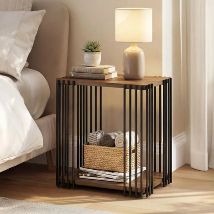 Rubber Wood Side Table with 2-Layer Storage Shelves and Metal Frame-Walnut - Walnut - End & Side Tables