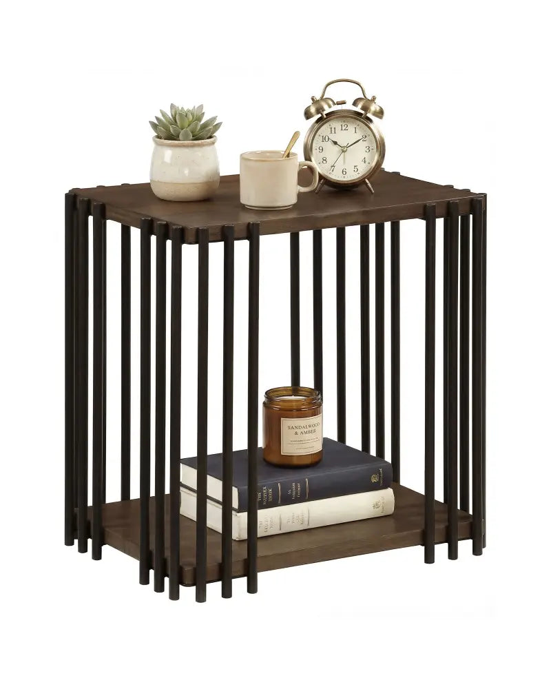 Rubber Wood Side Table with 2-Layer Storage Shelves and Metal Frame-Walnut - Walnut - End & Side Tables
