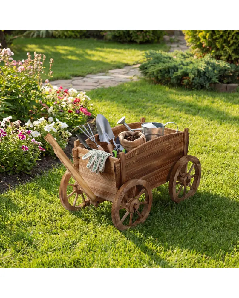 Rustic Rolling Flower Pot Stand with Wheels and Handle-Coffee - Coffee - Raised Garden Beds