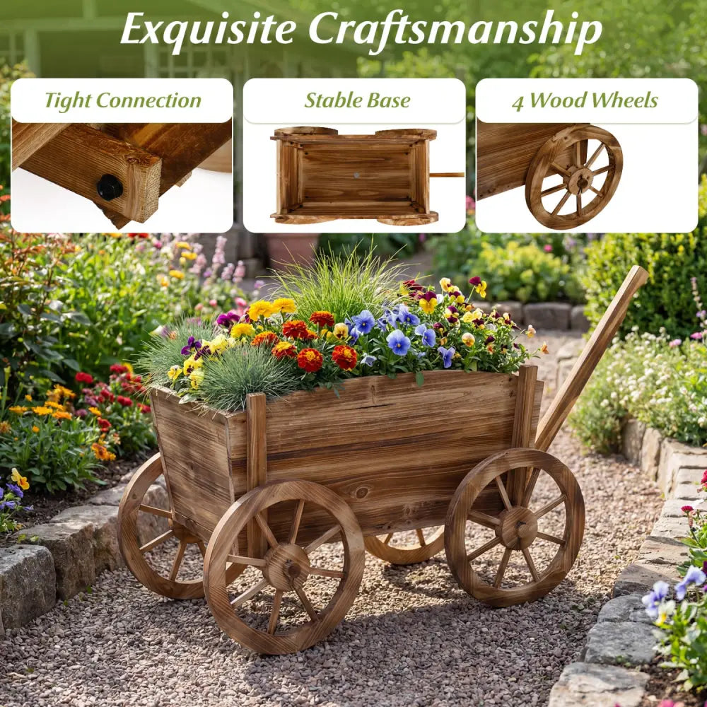 Rustic Rolling Flower Pot Stand with Wheels and Handle-Coffee - Coffee - Raised Garden Beds