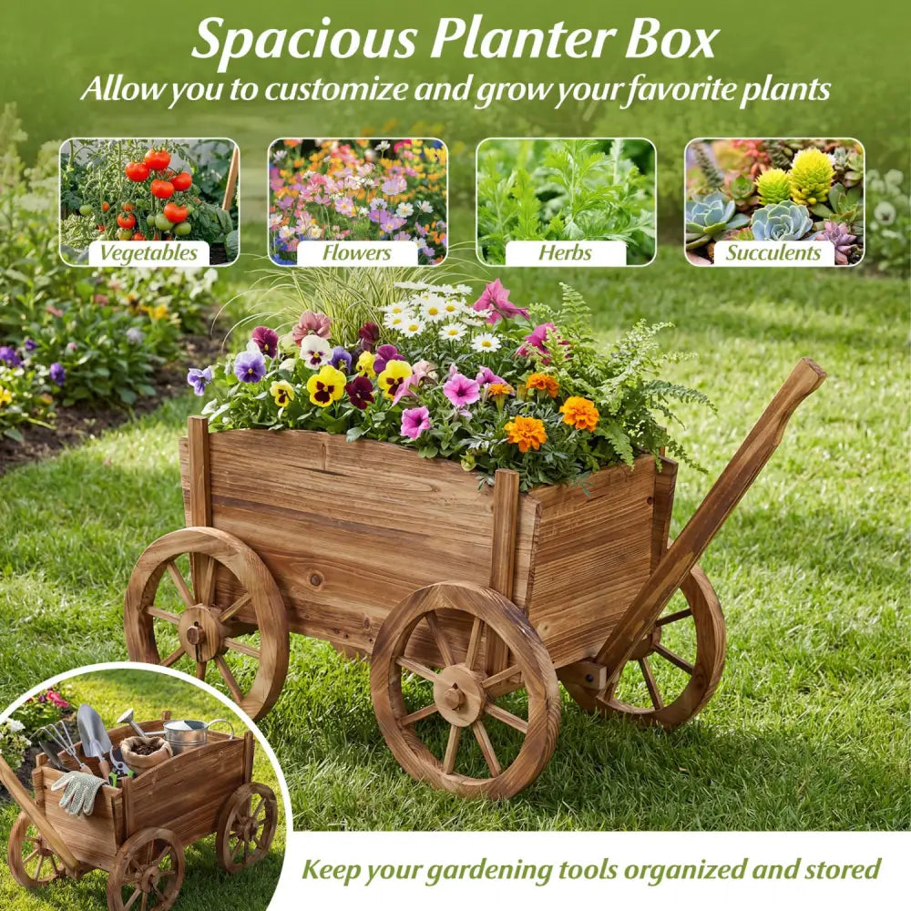 Rustic Rolling Flower Pot Stand with Wheels and Handle-Coffee - Coffee - Raised Garden Beds