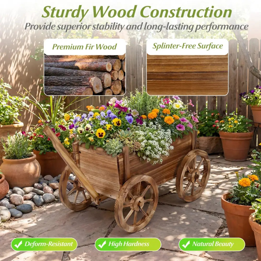 Rustic Rolling Flower Pot Stand with Wheels and Handle-Coffee - Coffee - Raised Garden Beds