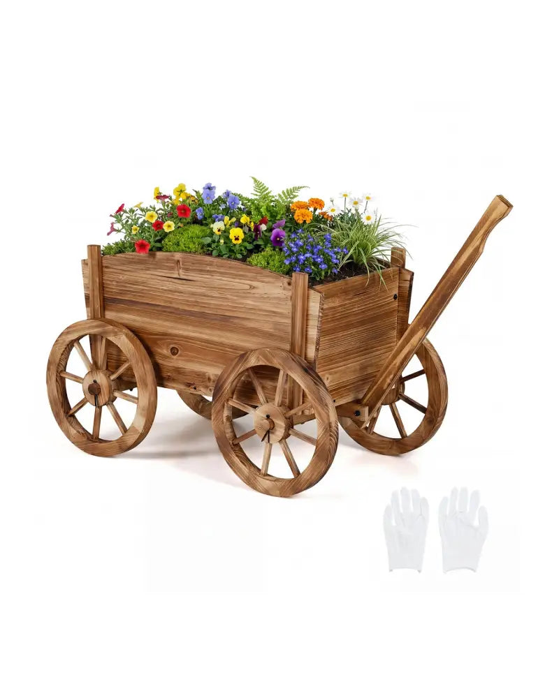 Rustic Rolling Flower Pot Stand with Wheels and Handle-Coffee - Coffee - Raised Garden Beds