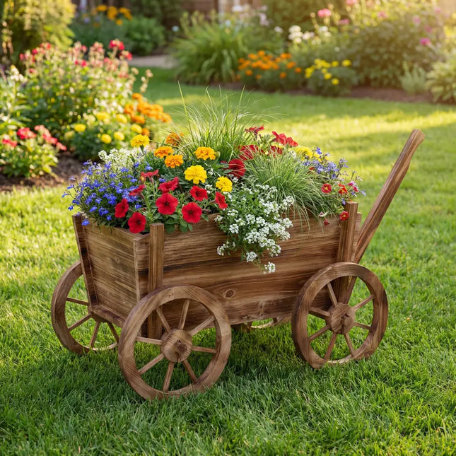 Rustic Rolling Flower Pot Stand with Wheels and Handle-Coffee - Coffee - Raised Garden Beds