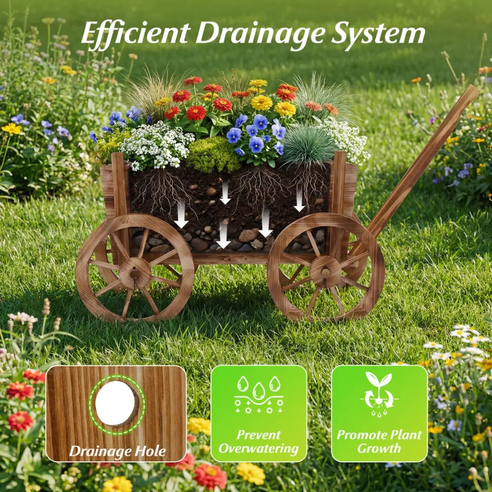 Rustic Rolling Flower Pot Stand with Wheels and Handle-Coffee - Coffee - Raised Garden Beds