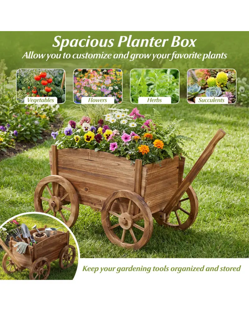 Rustic Rolling Flower Pot Stand with Wheels and Handle-Coffee - Coffee - Raised Garden Beds