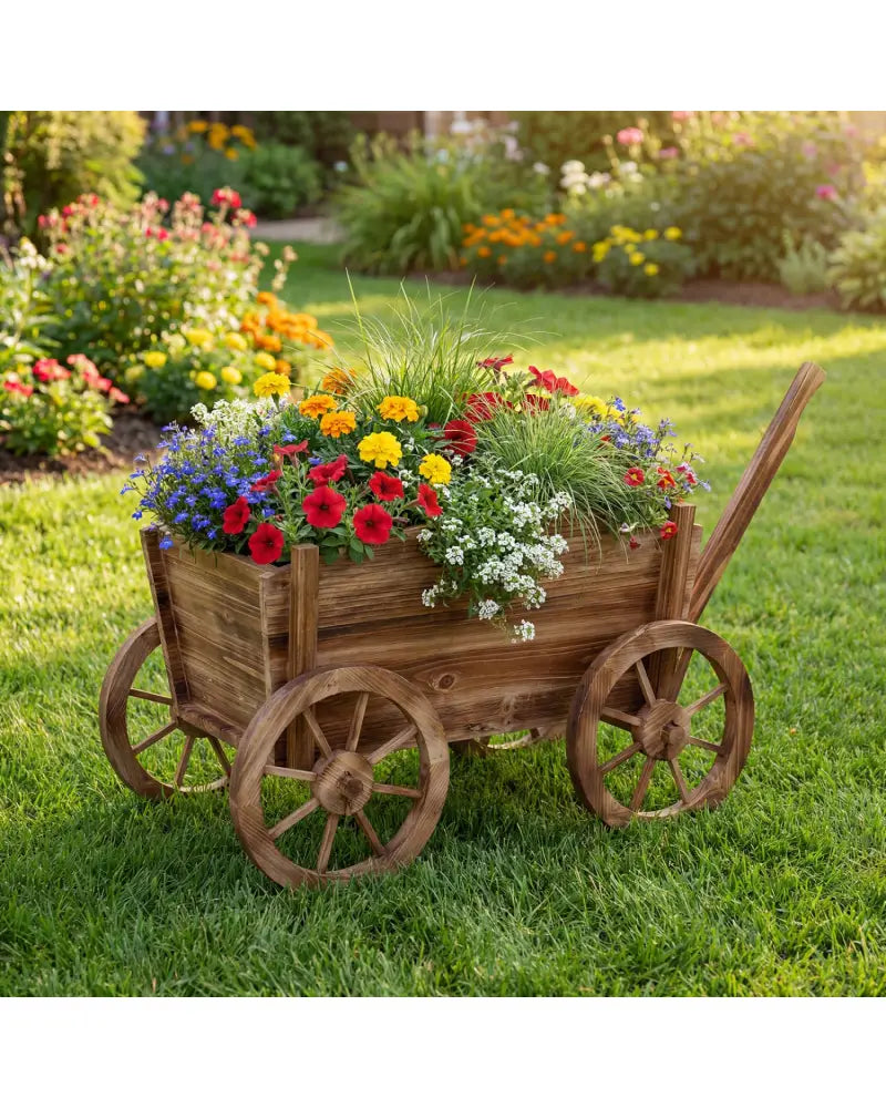 Rustic Rolling Flower Pot Stand with Wheels and Handle-Coffee - Coffee - Raised Garden Beds