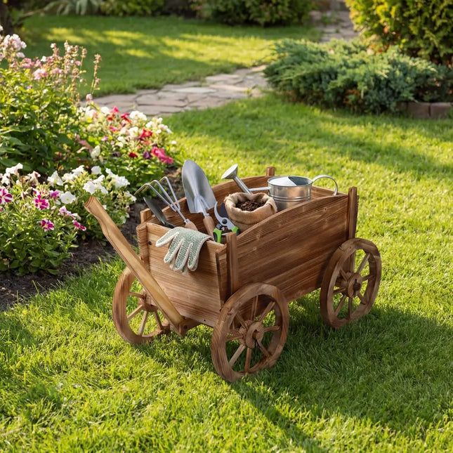 Rustic Rolling Flower Pot Stand with Wheels and Handle-Coffee - Coffee - Raised Garden Beds