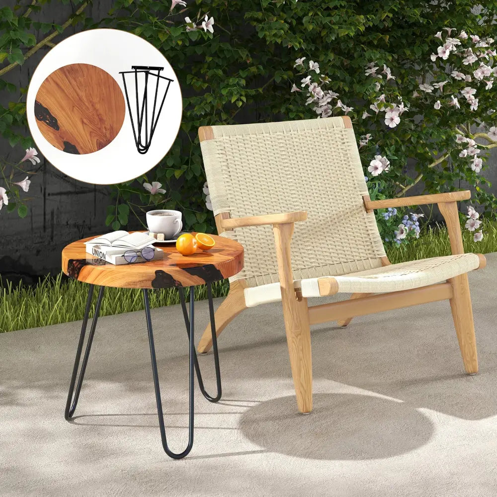 Rustic Round Solid Teak Wood Live Edge Outdoor Side End Table for Patio - Brown - End & Side Tables
