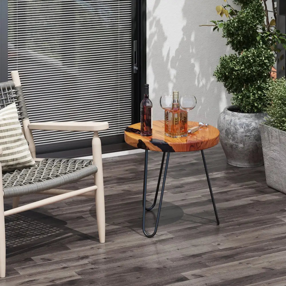 Rustic Round Solid Teak Wood Live Edge Outdoor Side End Table for Patio - Brown - End & Side Tables