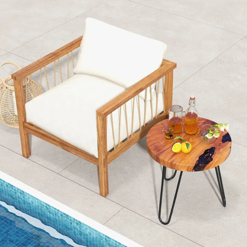 Rustic Round Solid Teak Wood Live Edge Outdoor Side End Table for Patio - Brown - End & Side Tables
