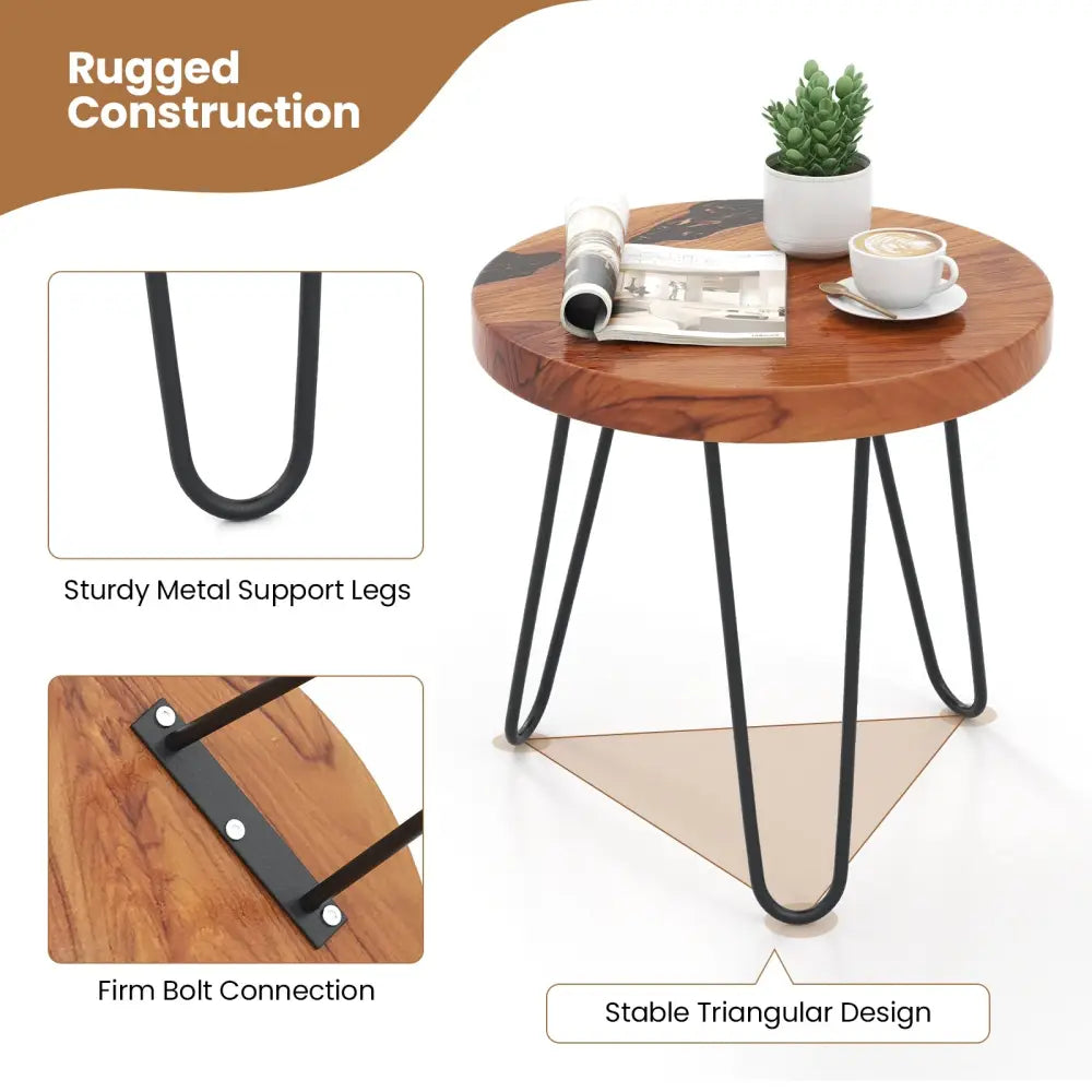 Rustic Round Solid Teak Wood Live Edge Outdoor Side End Table for Patio - Brown - End & Side Tables