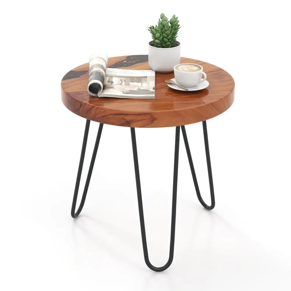 Rustic Round Solid Teak Wood Live Edge Outdoor Side End Table for Patio - Brown - End & Side Tables