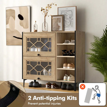 Rustic Shoe Cabinet with Flip-up See-through Doors and Adjustable Shelves-Oak - Oak - Shoe Racks & Storage Benches