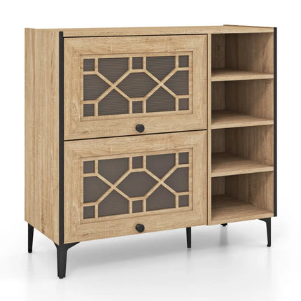 Rustic Shoe Cabinet with Flip-up See-through Doors and Adjustable Shelves-Oak - Oak - Shoe Racks & Storage Benches