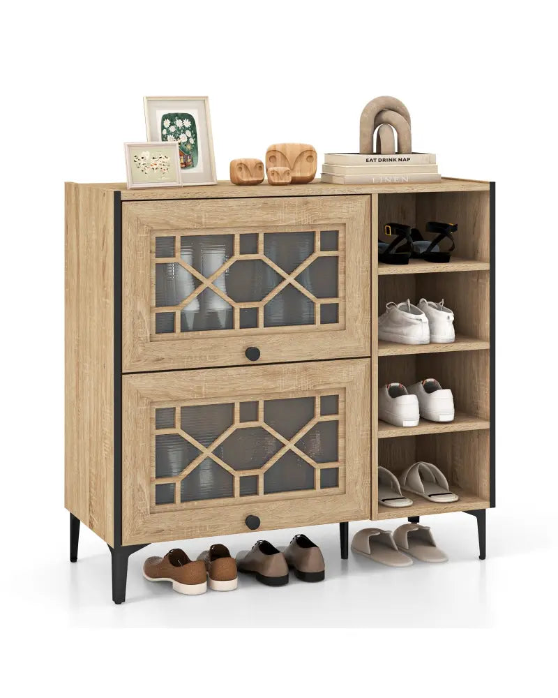 Rustic Shoe Cabinet with Flip-up See-through Doors and Adjustable Shelves-Oak - Oak - Shoe Racks & Storage Benches
