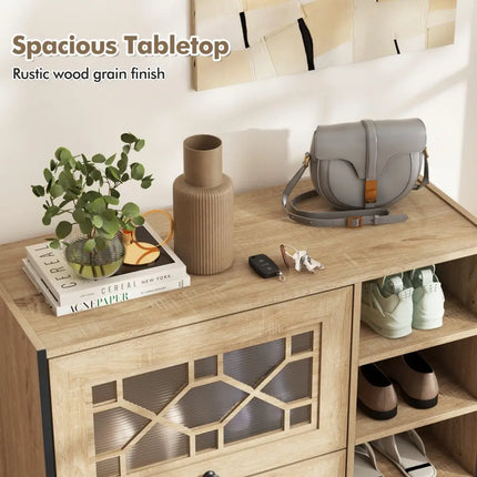 Rustic Shoe Cabinet with Flip-up See-through Doors and Adjustable Shelves-Oak - Oak - Shoe Racks & Storage Benches