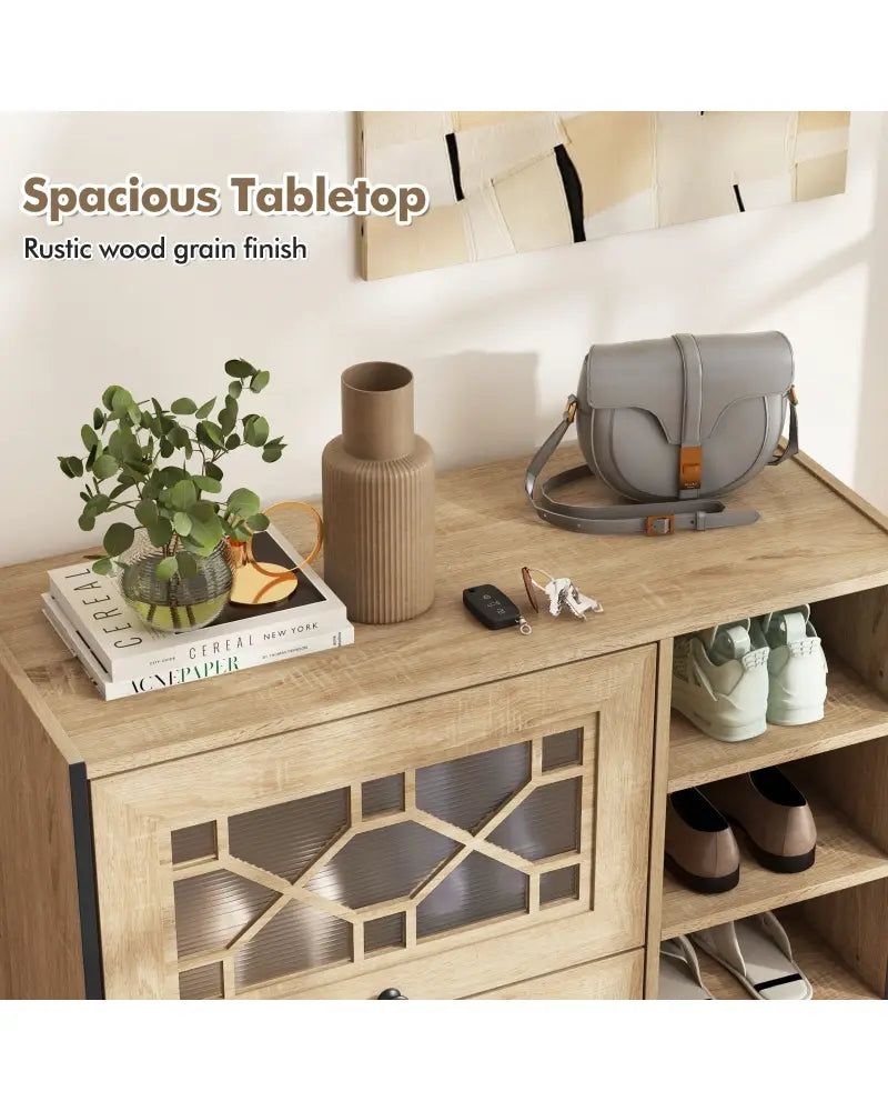 Rustic Shoe Cabinet with Flip-up See-through Doors and Adjustable Shelves-Oak - Oak - Shoe Racks & Storage Benches