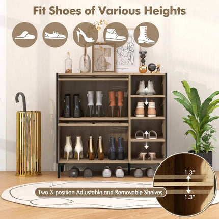Rustic Shoe Cabinet with Flip-up See-through Doors and Adjustable Shelves-Oak - Oak - Shoe Racks & Storage Benches