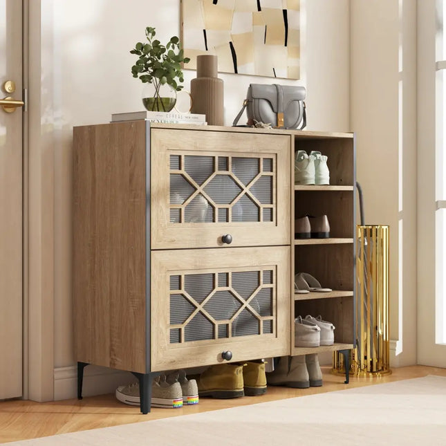 Rustic Shoe Cabinet with Flip-up See-through Doors and Adjustable Shelves-Oak - Oak - Shoe Racks & Storage Benches