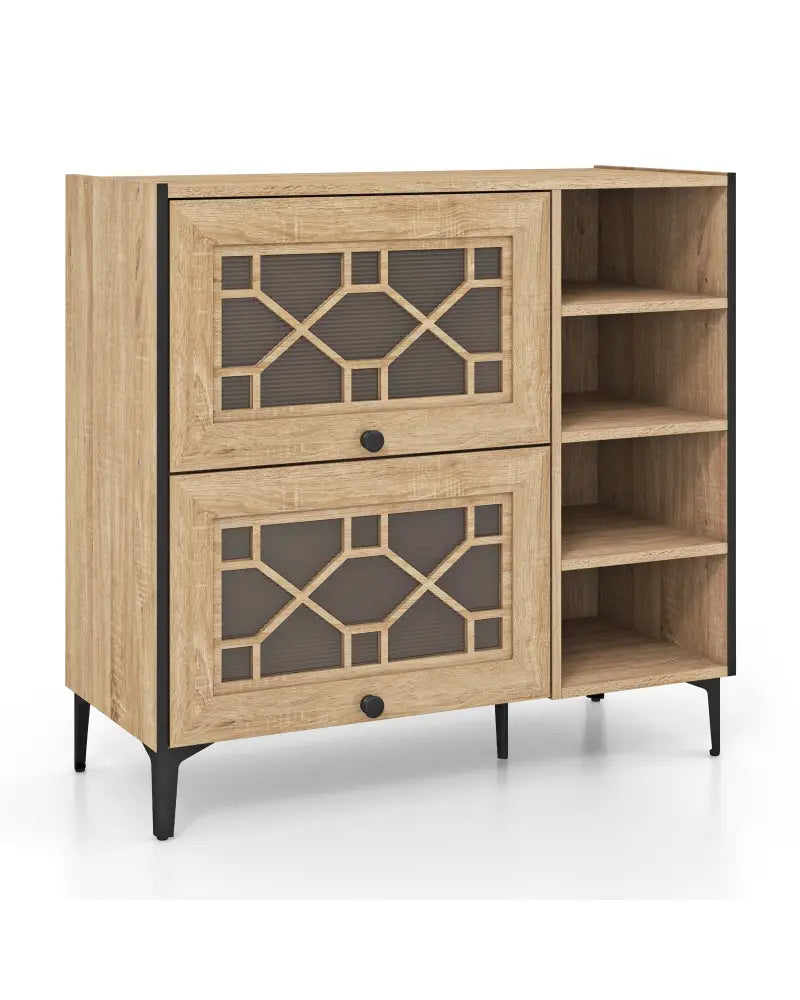 Rustic Shoe Cabinet with Flip-up See-through Doors and Adjustable Shelves-Oak - Oak - Shoe Racks & Storage Benches