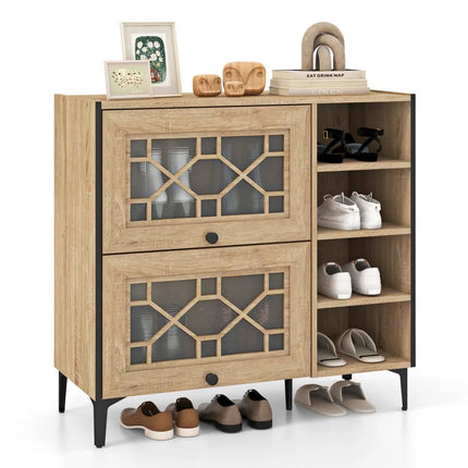 Rustic Shoe Cabinet with Flip-up See-through Doors and Adjustable Shelves-Oak - Oak - Shoe Racks & Storage Benches