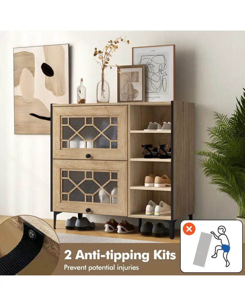Rustic Shoe Cabinet with Flip-up See-through Doors and Adjustable Shelves-Oak - Oak - Shoe Racks & Storage Benches