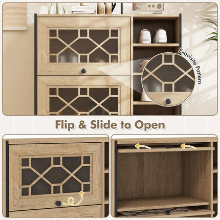 Rustic Shoe Cabinet with Flip-up See-through Doors and Adjustable Shelves-Oak - Oak - Shoe Racks & Storage Benches
