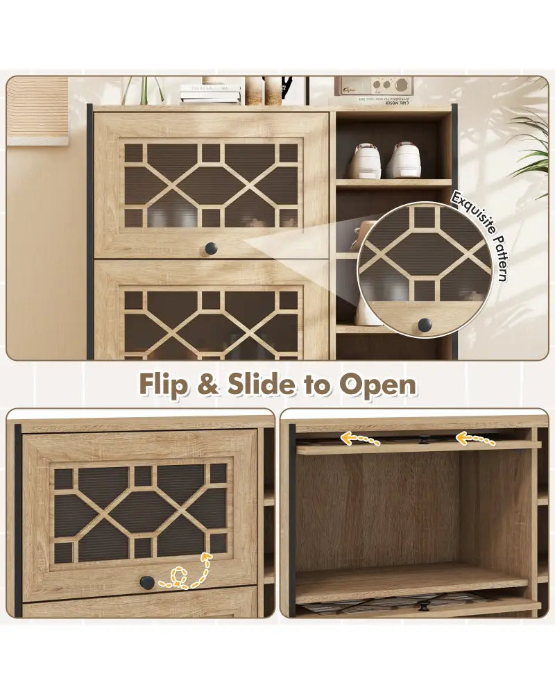 Rustic Shoe Cabinet with Flip-up See-through Doors and Adjustable Shelves-Oak - Oak - Shoe Racks & Storage Benches