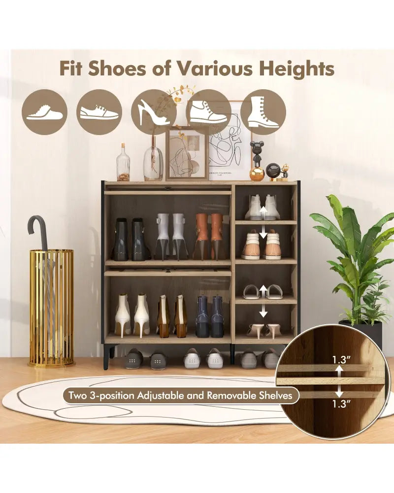 Rustic Shoe Cabinet with Flip-up See-through Doors and Adjustable Shelves-Oak - Oak - Shoe Racks & Storage Benches