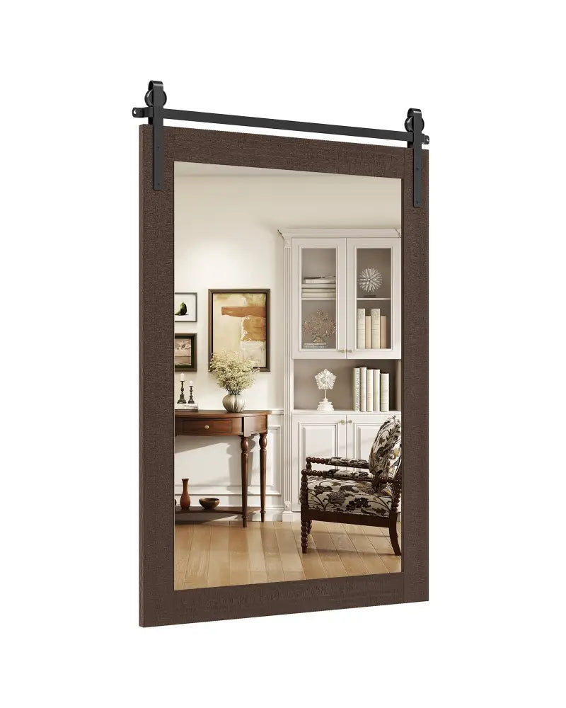 Rustic Wood Frame Barn Door Style Farmhouse Wall Mirror-Walnut - Walnut - Wall Mirrors