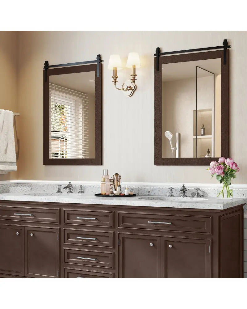 Rustic Wood Frame Barn Door Style Farmhouse Wall Mirror-Walnut - Walnut - Wall Mirrors
