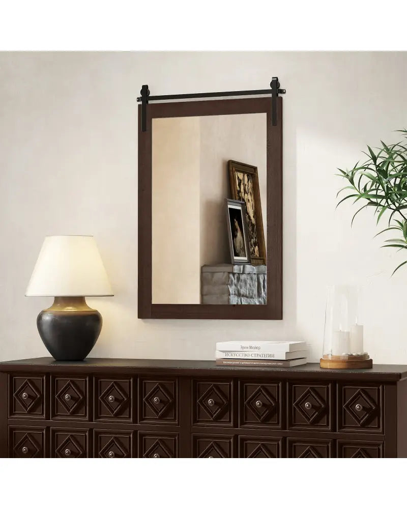 Rustic Wood Frame Barn Door Style Farmhouse Wall Mirror-Walnut - Walnut - Wall Mirrors