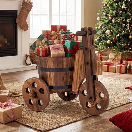 Rustic Wood Tricycle Planter Barrel Flower Pot Cart with Drainage Hole-Coffee - Coffee - Raised Garden Beds