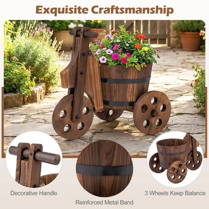 Rustic Wood Tricycle Planter Barrel Flower Pot Cart with Drainage Hole-Coffee - Coffee - Raised Garden Beds