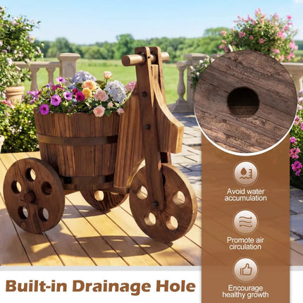 Rustic Wood Tricycle Planter Barrel Flower Pot Cart with Drainage Hole-Coffee - Coffee - Raised Garden Beds