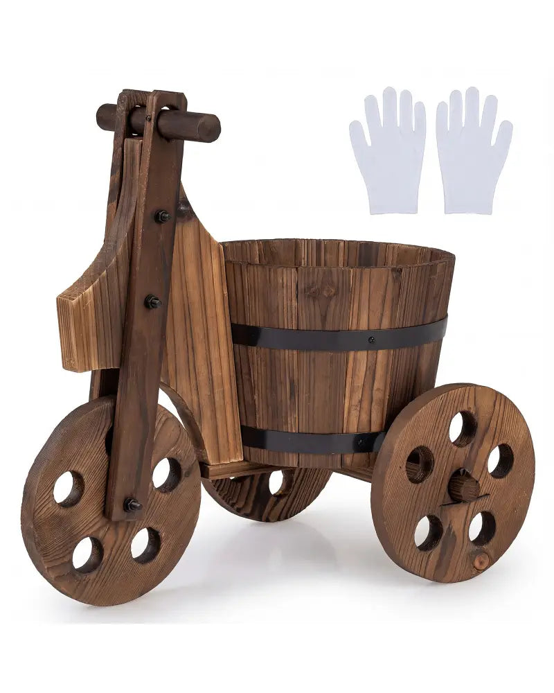 Rustic Wood Tricycle Planter Barrel Flower Pot Cart with Drainage Hole-Coffee - Coffee - Raised Garden Beds