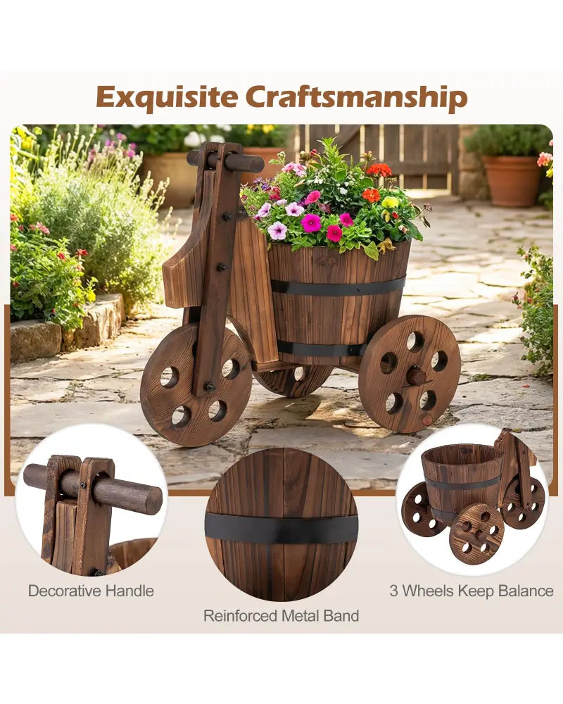 Rustic Wood Tricycle Planter Barrel Flower Pot Cart with Drainage Hole-Coffee - Coffee - Raised Garden Beds