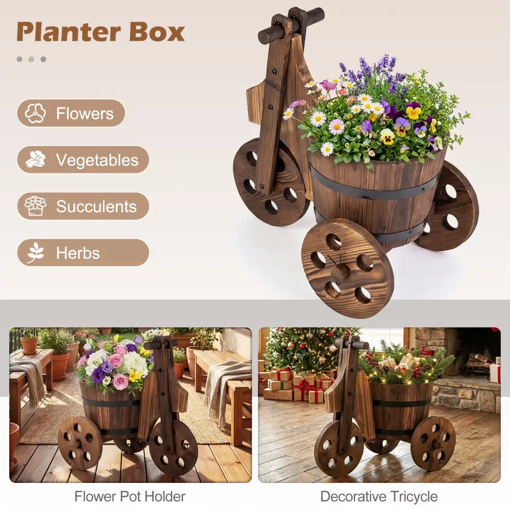Rustic Wood Tricycle Planter Barrel Flower Pot Cart with Drainage Hole-Coffee - Coffee - Raised Garden Beds