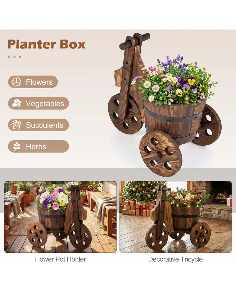 Rustic Wood Tricycle Planter Barrel Flower Pot Cart with Drainage Hole-Coffee - Coffee - Raised Garden Beds