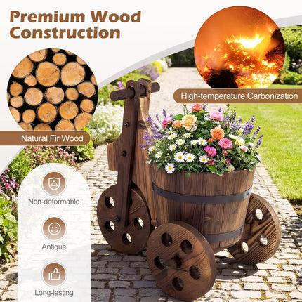 Rustic Wood Tricycle Planter Barrel Flower Pot Cart with Drainage Hole-Coffee - Coffee - Raised Garden Beds