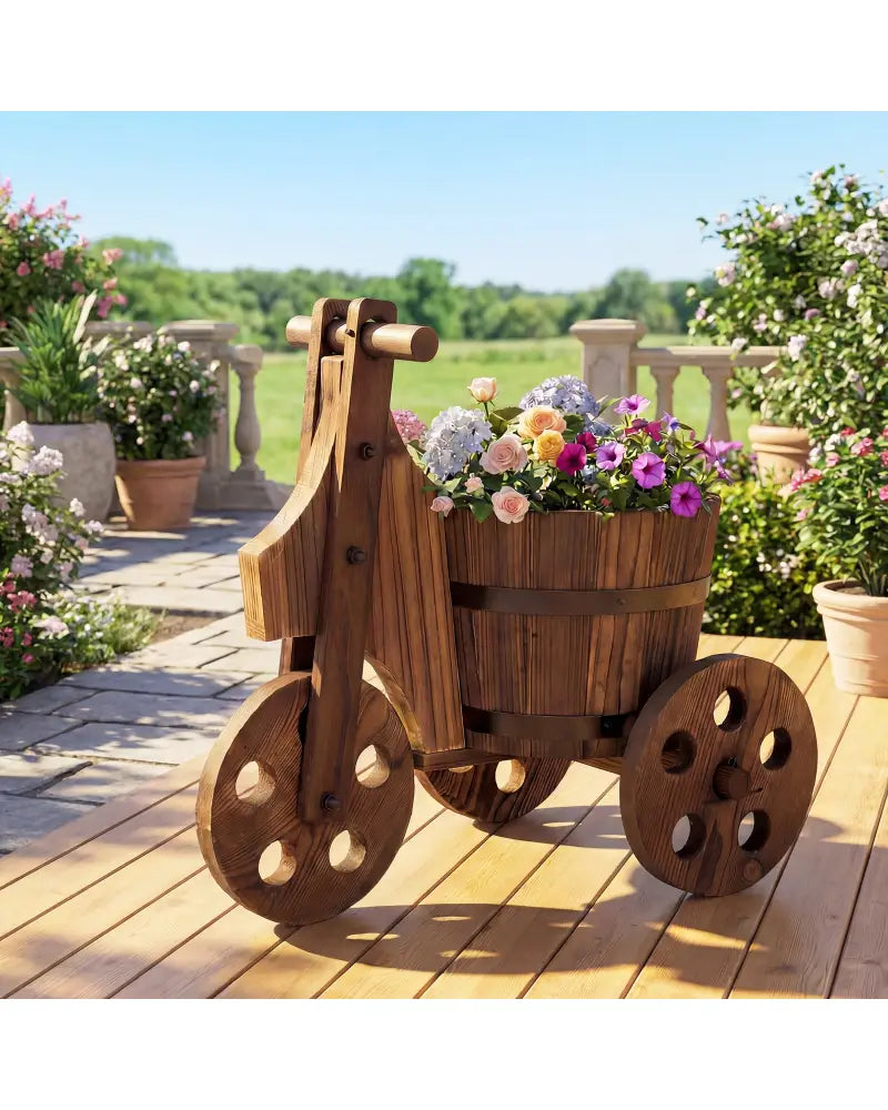 Rustic Wood Tricycle Planter Barrel Flower Pot Cart with Drainage Hole-Coffee - Coffee - Raised Garden Beds