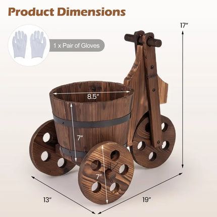 Rustic Wood Tricycle Planter Barrel Flower Pot Cart with Drainage Hole-Coffee - Coffee - Raised Garden Beds