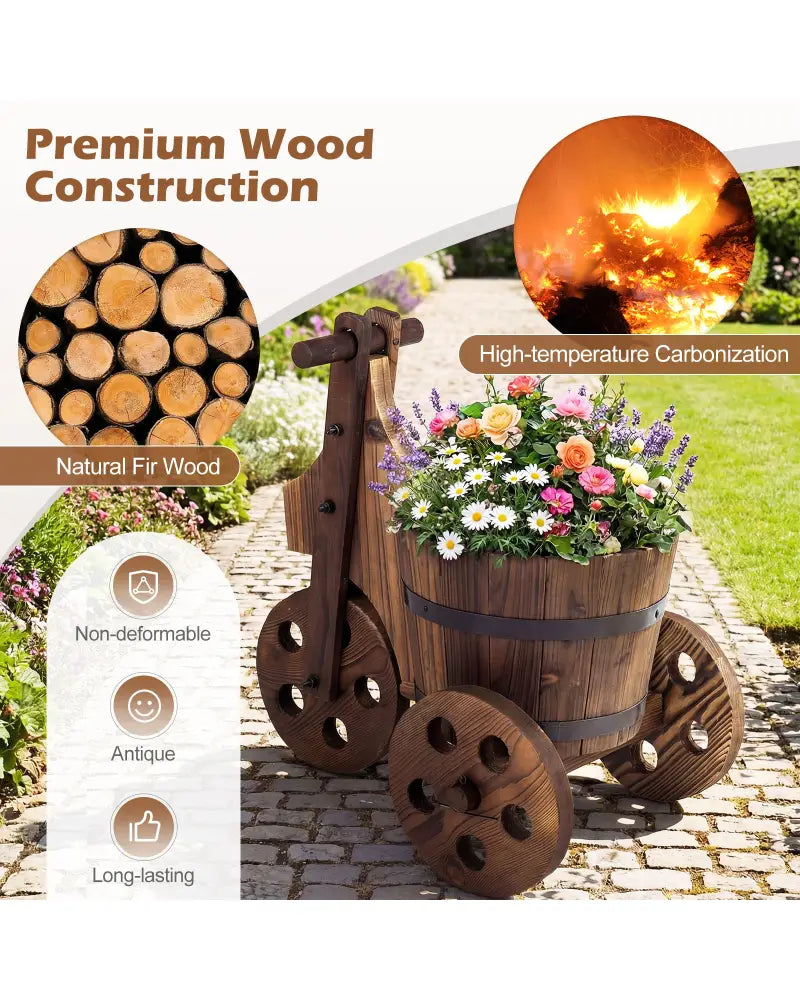Rustic Wood Tricycle Planter Barrel Flower Pot Cart with Drainage Hole-Coffee - Coffee - Raised Garden Beds