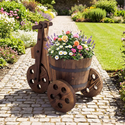 Rustic Wood Tricycle Planter Barrel Flower Pot Cart with Drainage Hole-Coffee - Coffee - Raised Garden Beds