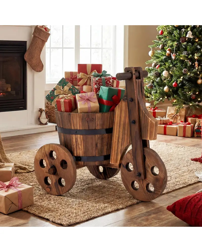 Rustic Wood Tricycle Planter Barrel Flower Pot Cart with Drainage Hole-Coffee - Coffee - Raised Garden Beds